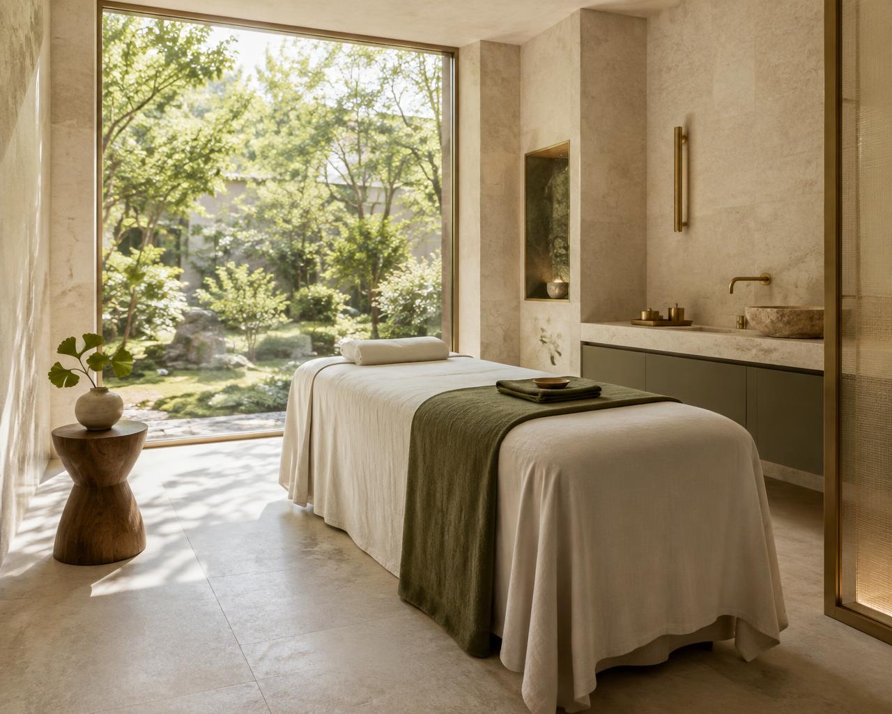 Gestaltungsinspiration: ruhiger Spa-Behandlungsraum mit Blick in einen grünen Garten